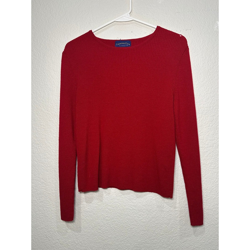 Charter Club Red Merino Wool Ribbed Sweater Button Shoulder Long Sleeve Womens M